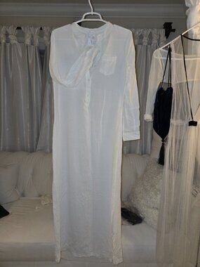 White long sleeve button down linen maxi dress